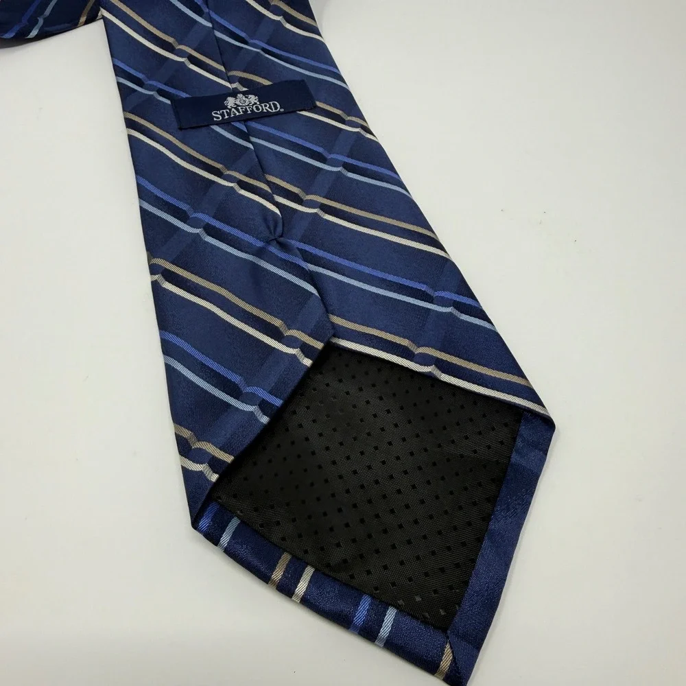 Stafford Mens Navy Blue Tan Striped Silk Handmade Necktie Wide Classic Business
